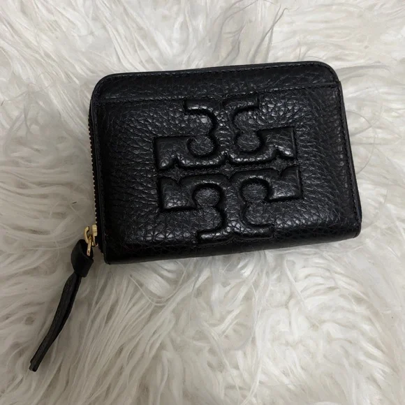 Tory Burch Black zipper pebbled leather card holder/coin case w/pouch - Picture 2 of 13